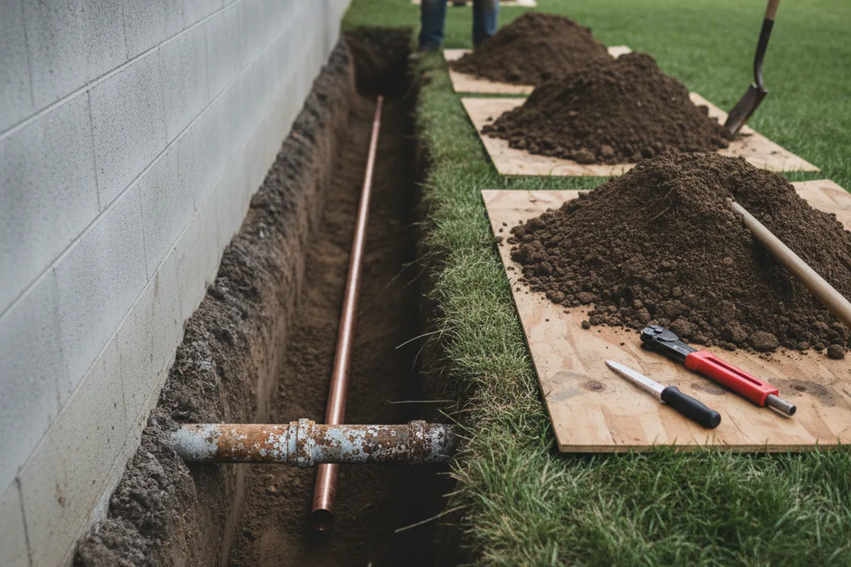 Excavated water line trench during Sewer Line Repair in Van Buren